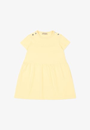 Vestito corto giallo per neonati con maniche corte, scollo rotondo, vita arricciata e quattro bottoni automatici argento sulle spalle.