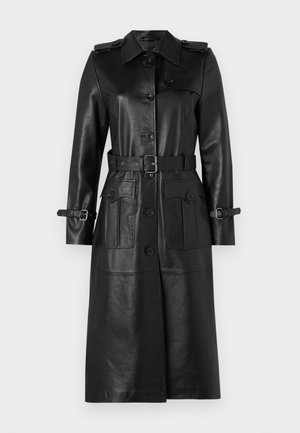 Schwarzer Leder-Trenchcoat mit einem klassischen Kragen, Knopfverschluss, zwei großen Fronttaschen, tailliertem Design und verstellbaren Ärmeltragern.