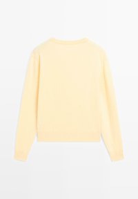 Light yellow sweater with long sleeves, made from a soft knit material. Features a round neckline and ribbed hem. Back view only.