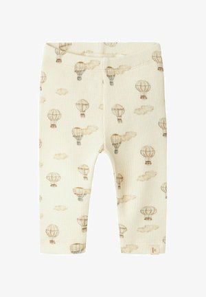 Csíkos krémszínű leggings, puha barna árnyalatokban, hőlégballonokkal és felhőmintával. Rugalmas derékrésszel a kényelem érdekében.