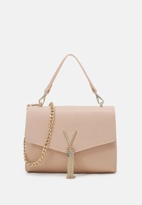 Light pink leather handbag with gold chain strap, short handle, and gold V-shaped clasp with tassel detail.