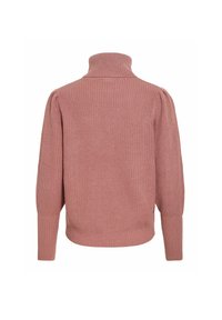 Pull à col roulé mauve en maille avec de longues manches bouffantes et des poignets côtelés, vu de dos sur fond blanc.