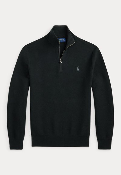 Черен пуловер Polo Ralph Lauren с релефна плетка, яка тип столче, къс цип и бродирано лого с играч на поло.
