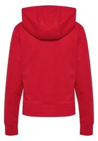 Roter Hoodie mit einem verkürzten Design, langen Ärmeln und gerippten Bündchen, aus glattem Fleece-Material gefertigt.