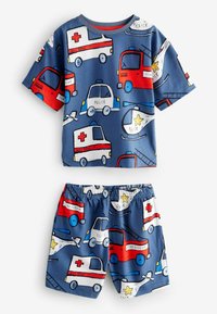 Tvådelat pyjamasset i bomull med blå bakgrund och färgglada tryck av nödsituationfordon, inklusive ambulanser, polisfordon och brandbilar.