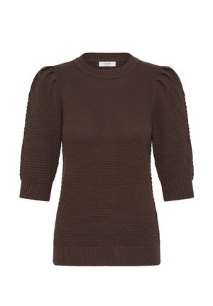 Rjavo, teksturirano pleteno pulover z okrolim izrezom in kratkimi napihnjenimi rokavi. Rebrasti manšeti in rob poudarjata oprijeto silhueto.