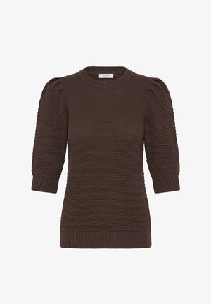 Smeđa, teksturirana pletena majica s okruglim izrezom i kratkim naboranim rukavima. Rebrasti rubovi na manžetama i rubu ističu pripojeni kroj.