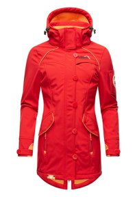 Red waterproof jacket with an orange inner lining. Features include a high collar, large front pockets, and button closures.