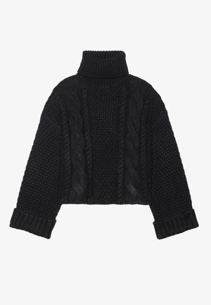 Maglione nero lavorato a maglia con colletto alto, vestibilità rilassata, motivo a trecce e polsini a coste. Presenta una lunghezza cropped e una finitura texturizzata.