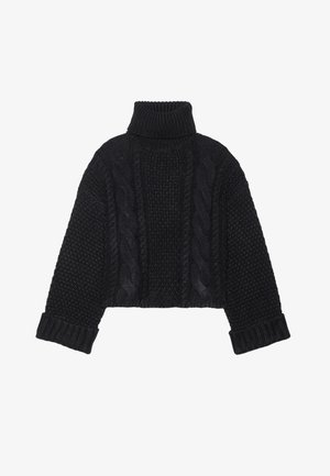 Sort strikket sweater med høj krave, afslappet pasform, kabelstrik mønster og ribbede manchetter. Har en cropped længde og struktureret overflade.