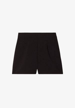 Black shorts made of a smooth fabric featuring a high waist, two side pockets, and subtle pleats at the front for added design detail.