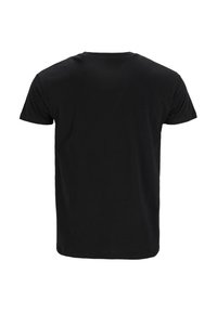 Schwarzes Baumwoll-T-Shirt, kurze Ärmel, normale Passform, Rundhalsausschnitt; glatte Textur ohne sichtbare Muster oder Akzente. Rückansicht gezeigt.