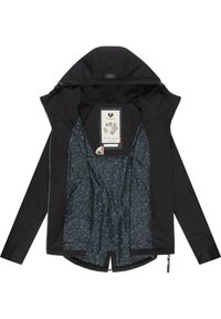 Svart ytterjacka med huva, med ett mönstrat mörkblått innerfoder. Dragkedjestängning och en etikett synlig inuti.