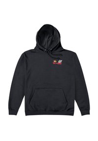 Felpa nera con tasca frontale, caratterizzata da una grafica colorata di "Tom e Jerry" sul petto. Realizzata in tessuto morbido con cappuccio foderato.