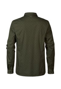 Camisa de manga larga verde oliva con un sutil patrón geométrico, cuello clásico y puños con botones, que presenta un diseño de dobladillo recto.