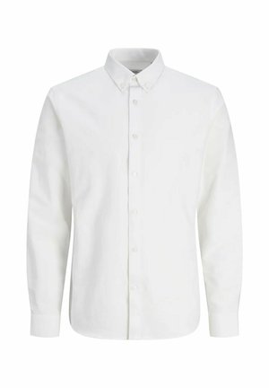 Camisa de manga larga blanca con botones, hecha de algodón. Presenta un cuello clásico, cierre de botones y un dobladillo recto. Textura suave, sin patrones.
