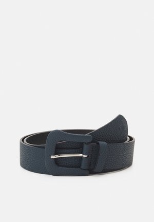 Dark blue textured leather belt with matching loop and rounded buckle, coiled on a light background.