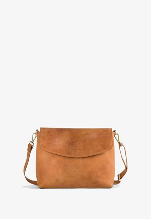 Tan leather crossbody bag with a fold-over flap, adjustable strap, and subtle logo detail. Features a smooth, matte texture.