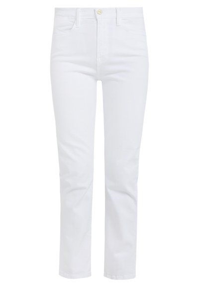 Valged denim püksid otse sääre disainiga, nööbiga kinnitamine, neli taskut ja minimalistlik stiil. Sile tekstuur, klassikaline istuvus.