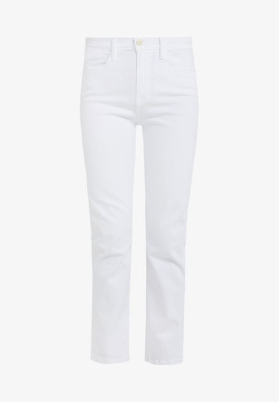 Valged denim püksid otse sääre disainiga, nööbiga kinnitamine, neli taskut ja minimalistlik stiil. Sile tekstuur, klassikaline istuvus.