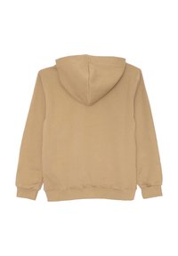 Felpa khaki con cappuccio, maniche lunghe, polsini e fondo a coste. Tessuto morbido con una vestibilità casual e rilassata. Nessun logo o motivo visibile.