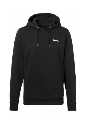 Schwarzer Kapuzenpullover mit Kängurutasche vorne, Kordelzug und kleinem weißen "Bench." Logo auf der linken Brust.