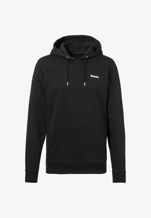 Schwarzer Kapuzenpullover mit Kängurutasche vorne, Kordelzug und kleinem weißen "Bench." Logo auf der linken Brust.