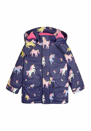 Navy raincoat with an all-over unicorn print in pink, yellow, and blue. Features a hood, two front pockets, and a soft inner lining.