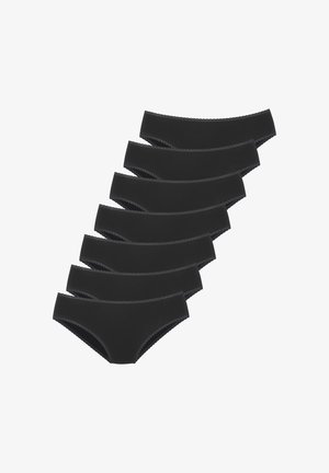 Bragas de algodón negras con un acabado suave y ribete de encaje a lo largo de la cinturilla. Conjunto de siete piezas dispuestas en un patrón escalonado.