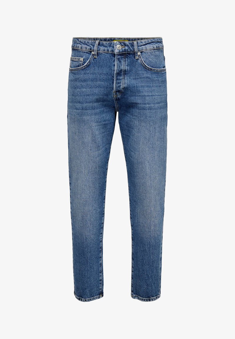 Blue denim jeans featuring a straight fit, five-pocket design, and a slightly faded finish with a button closure at the waist.