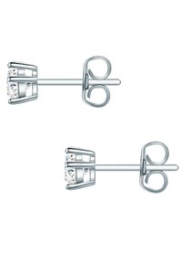 Orecchini a bottone rotondi con cristallo trasparente incastonato in un design a gabbia in metallo argentato, con una finitura liscia e lucida.