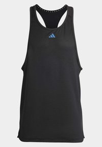 Débardeur de sport noir avec un dos nageur, arborant un petit logo Adidas bleu centré près de l'encolure.