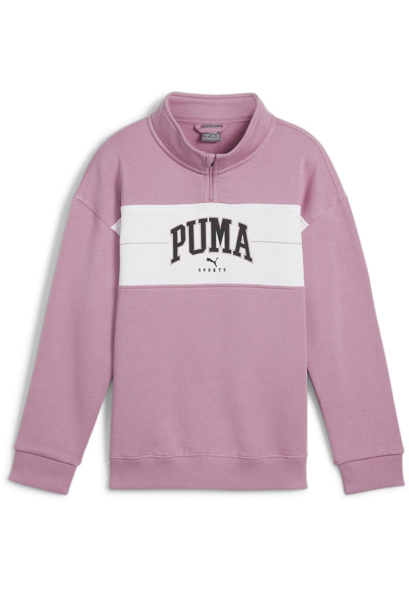 Roza dukserica s bijelim prugom, polu-zip kragnom i crnim Puma logom centriranim na pruzi. Prisutni su rebrasti manžeti i donji rub.