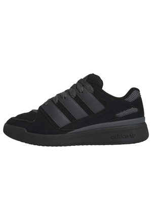Black athletic shoes with suede and mesh upper, three black stripes on the side, rubber sole, and textured accents.