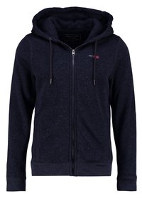 Donkerblauwe zip-up hoodie gemaakt van zacht fleece materiaal, met een capuchon met trekkoord en geribbelde manchetten, met een klein logo op de borst.