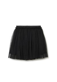 Schwarzer Tüllrock mit gerafftem Design, elastischem Bund und gestuften Texturen. Weiches, leichtes Material mit transparenter Optik.