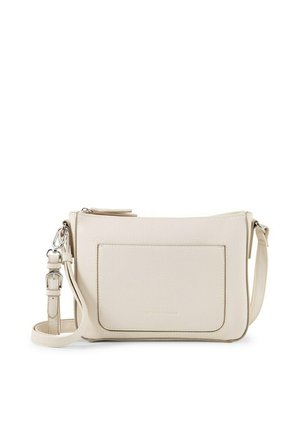 Beige Leder-Umhängetasche mit Vordertasche, verstellbarem Riemen und silberner Metallschnalle und -verschluss vor weißem Hintergrund.