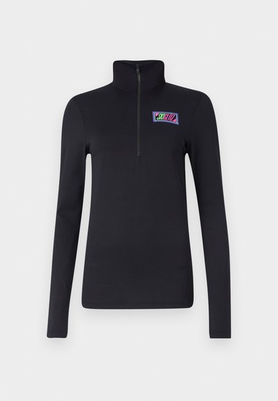 Black zip-up long-sleeve top featuring a high collar and a colorful "SKYGLITZ" logo patch on the chest, made from a smooth, stretchy material.