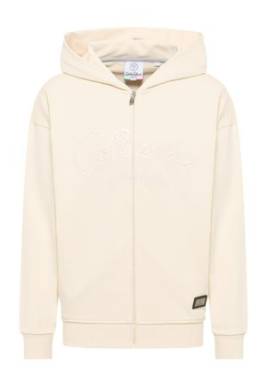 Cream zip-up hoodie with a lined hood, featuring embroidered logo text on the front and ribbed cuffs and hem for a snug fit.