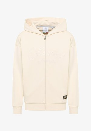 Kerman zip-up huppari, jossa on vuorattu huppu, sekä edessä brodeerattu logoteksti ja ribbaus hihansuissa ja helmassa tiukan istuvuuden saavuttamiseksi.