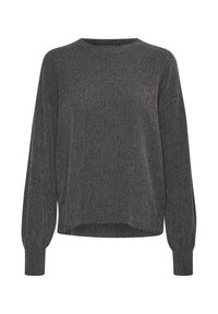 Dark gray sweater in a textured knit, featuring a round neckline, long balloon sleeves, and a relaxed fit with a slightly cropped hem.