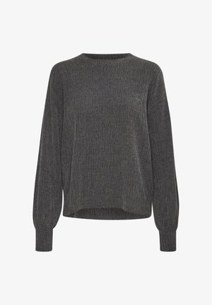 Donkergrijze trui in een getextureerde brei, met een ronde halslijn, lange ballonmouwen en een relaxte pasvorm met een licht cropped zoom.