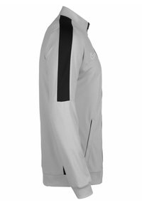 Giacca Nike di colore grigio chiaro con accenti neri ai lati. Presenta un collo alto, chiusura con zip e due tasche laterali. Texture liscia.