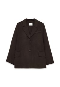 Temno rjav blazer iz mešanice volne, ki se ponaša z izrezanim ovratnikom, dvema sprednjima žepoma in zapiranjem na en gumb. Gladka tekstura, izpopolnjen dizajn.