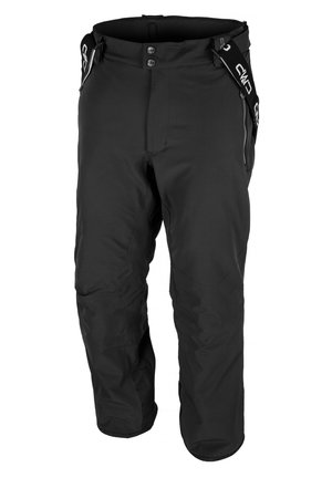 Sorte tekniske bukser med en forstærket, glat tekstur samt justerbare stropper og lynlåse i siderne for en sikker pasform og nem adgang.