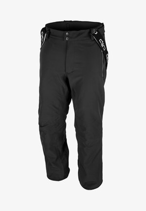 Sorte tekniske bukser med en forstærket, glat tekstur samt justerbare stropper og lynlåse i siderne for en sikker pasform og nem adgang.