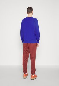 Royal blue sweatshirt with raglan sleeves, paired with rust-colored joggers and orange sneakers with light brown soles. Smooth texture.