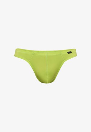 Fel limegroene slip voor heren met zichtbare stiksels en een klein zwart merklapje aan de rechterkant van de tailleband.