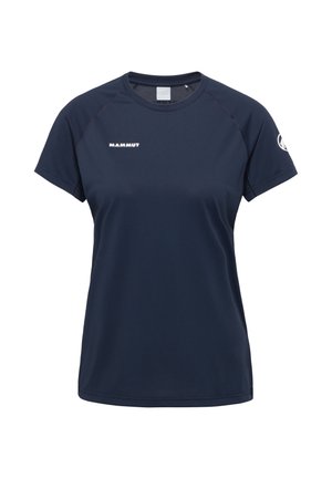 Marineblauw sportief T-shirt met korte mouwen, met het "Mammut"-logo op de borst en een ronde Mammut-logo op de linker mouw.