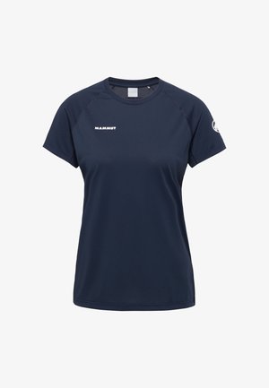 Marineblaues, kurzärmeliges Sport-T-Shirt mit „Mammut“-Logo auf der Brust und rundem Mammut-Logo auf dem linken Ärmel.